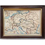 An early 20th century embroidered map depicting areas across Europe, the Mediterranean Sea and