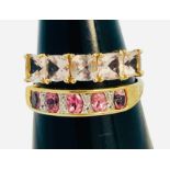 Two 9ct yellow gold dress rings, set with pink and white stones, total weight 5.2 grams.