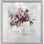 Rees, W.' Still life of flowers in a vase, 50x50cm, indistinctly signed in pencil, watercolour on