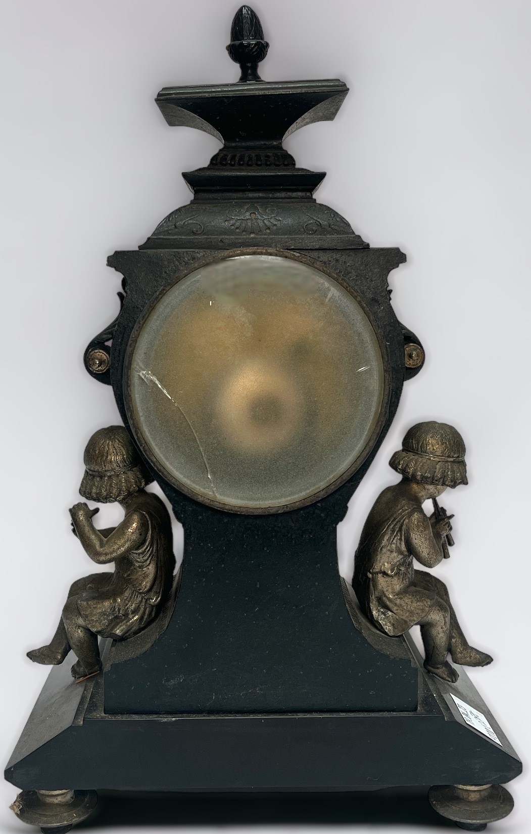 A 19th Century cast metal and black slate mantel clock of inverted square baluster form, the eight- - Image 3 of 3