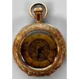 An 18ct gold cased open-face fob watch, the gilt dial with Roman numerals denoting hours, blue hands