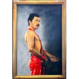 Laurie Abraham, Portrait of Freddie Mercury performing, signed, oil on canvas, 91 x 61cm, in