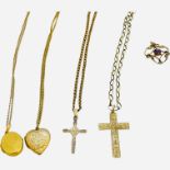 A 9ct gold necklace and cross pendant, a gold cross, a 9ct gold fine chain and locket, a 9ct gold