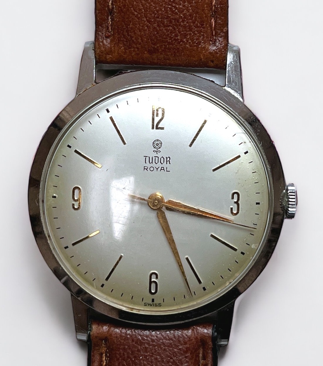 A gents stainless steel Tudor Royal wristwatch, c.1950’s, the silvered dial with gilt batons