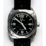 A gents stainless steel automatic wristwatch by Junghan, the black enamel dial with batons