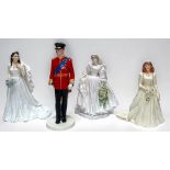 Three fine bone china figures modelled as Royals on their wedding days, by Royal Doulton, Coalport