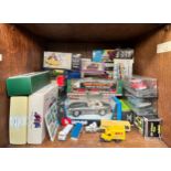 A collection of approximately 45 die-cast model cars, buses and trucks by Corgi, Burago, Matchbox,
