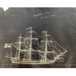 A white paint drawing of H.M.S. Agamemnon, 64-gun third-rate launched in 1781, on a black leather
