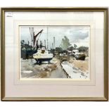 John Yardley Hon Rtd RI (b. 1933), Boatyard with yachts and barges, signed, watercolour on paper,