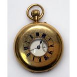 An 18ct gold half-hunter pocket watch, the white enamel dial with Roman numerals denoting hours