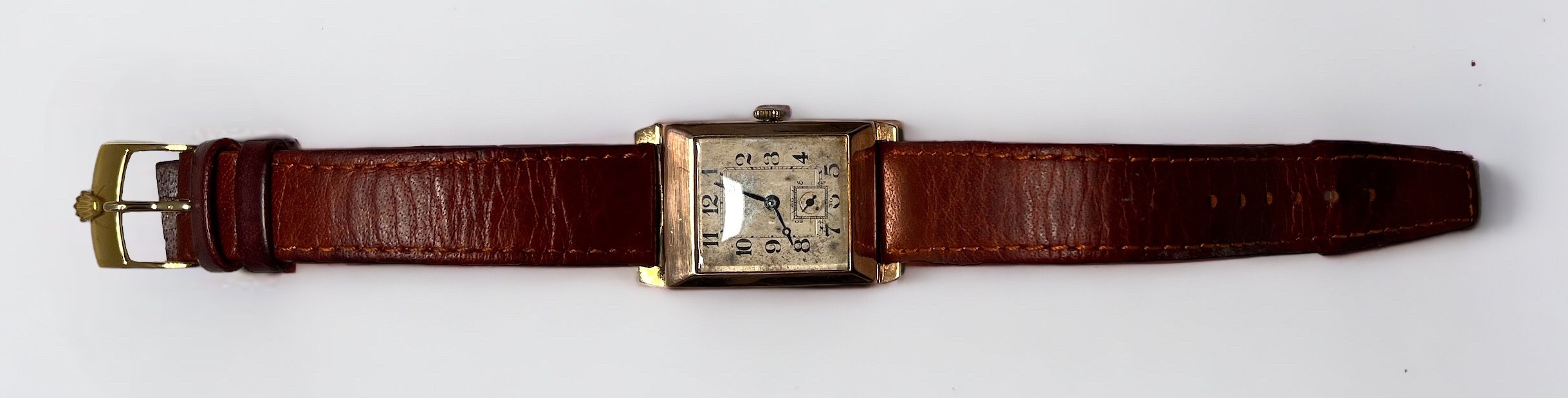 An Art Deco 9ct gold cased manual wind Rolex wristwatch, the white square enamel dial with Arabic - Image 3 of 3