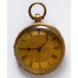 An 18ct gold cased open-face pocket watch, the gilt dial with Roman numerals denoting hours, the