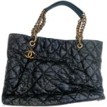 Chanel black quilted glazed caviar leather shopper, Coco pleats hobo style, with antique gold