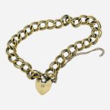 A 9ct yellow gold double link curb bracelet, with heart padlock, weighs 12.1 grams.