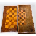 Two various hand-made Chess/Draughts boards, each made from various burr-woods and hinged to provide