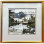 John Yardley Hon Rtd RI (b. 1933), 'Snowfall at More Place,' snow-covered garden with oak-framed