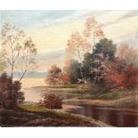 Attributed to Paul Kujal (1894 - 1965) ‘Autumn Revene’, country landscape study with river in a