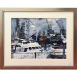 Ruth Ann Lewis (Contemporary) ‘Boat Yard’ signed, mixed media collage depicting moored boats and
