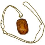 A 14ct yellow gold cushion cut amber pendant, with sharp Cheetah icon, on a 14ct yellow gold rope