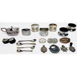 A small collection of assorted silver items including a mustard, a pair of open salts and three
