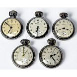 Five white metal cased open-face pocket watches by Ingersoll, each with white enamel dials and
