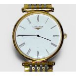 A gents gold-plated Longines La Grande Classique quartz wristwatch, the white enamel dial with Roman