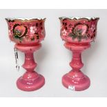 A pair of 19th century Bohemian opaque white and pink overlaid glass lustre vases, with