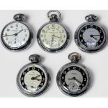 Five various white and yellow metal cased open-face Ingersoll pocket watches, including two