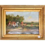 Three country landscape studies, one a hunting scene, signed ‘A King’, probably Alan King, oil on