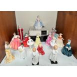 Sixteen various Royal Doulton porcelain figures including 'Little Pig,' 'Bedtime,' 'Darling,' Little