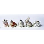 Royal Crown Derby Porcelain paperweights, five, Snowflake Penguin, Teal Duckling, Mouse, Nibbles and
