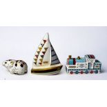 Royal Crown Derby Porcelain paperweights, three, Royal Christening Boat 47/500, Christening Train