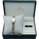 A 9ct gold ladies cocktail watch by Sovereign, with gold bracelet, in original box, 14.6 grams.