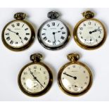 Five assorted white and yellow metal open-face pocket watches, one a Triumph example, each with
