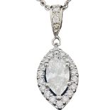 A platinum and diamond halo pendant, set with a marquise cut diamond to the centre, surrounded by 20