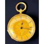 A continental 18ct gold cased open-face pocket watch, the gilt dial with floral decoration and black