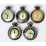 Five white and yellow metal cased open-face Ingersoll pocket watches, all Triumph editions, each