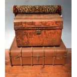 A metal steamer trunk and a wooden banded suitcase, together with a small Axminster Rug