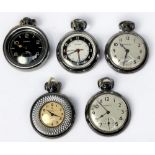 Five assorted white metal open-face pocket watches by Ingersoll, one a Triumph edition, each with