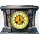 A Victorian slate and marble mantel clock, the white enamel chapter wheel with Arabic numerals