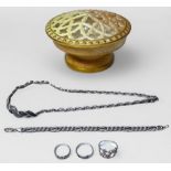 A small collection of silver jewellery including a necklace, a bracelet and three rings, gross