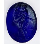 A 'James Tassie' Roman style oval glass 'sapphire gem' with erotic intaglio, 16x12mm, in inscribed