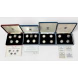 Four Royal Mint cased sets of silver proof one pound coins, including a 1984 - 87 set and a 1994 -