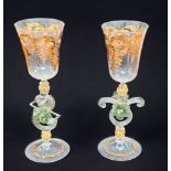 Two 19th century Venetian glasses, with floral etched and gilded decoration to bowls, raised