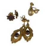 Three pairs of 9ct gold gem-set earrings, total weight 6.9 grams.