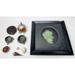A modern Oriental carved Jade flower display, mounted, glazed and framed, together with two