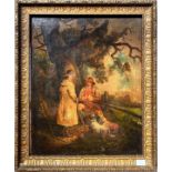GEORGE MORLAND (1763-1804), Two shepherds under a mature oak tree, one sitting with dogs at feet,