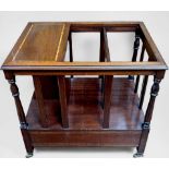 An Edwardian inlaid mahogany Canterbury, with two open sections and small table section, with turned