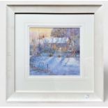 Robert Brindley, R.S.M.A. (Contemporary), Winter landscape with snow-covered cottage, signed