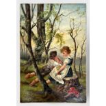 19th Century Continental School, oil on canvas, two children depicted in woodland wearing pastoral